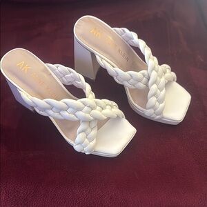 Anne Klein White Block Heel Sandals with Braided Strap